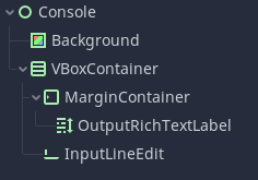 Console node tree showing a RichTextLabel used for output and a LineEdit for input