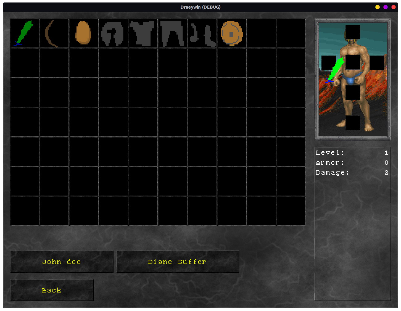 Screenshot of Draeywin showing the player inventory screen