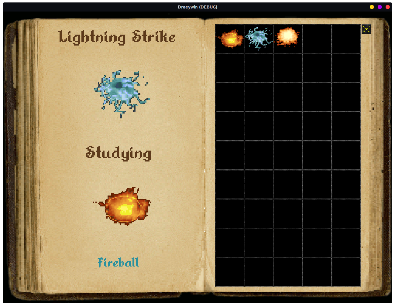 Screenshot of Draeywin showing the Spellbook using the inventory system to store the spells