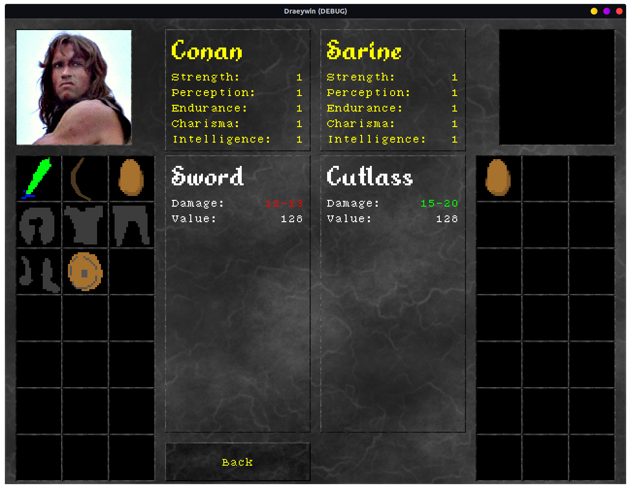 Screenshot of Draeywin showing the store screen using the inventory system to store the items